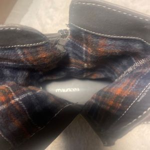 Grey Maurices Calf Booties w/red plaid lining